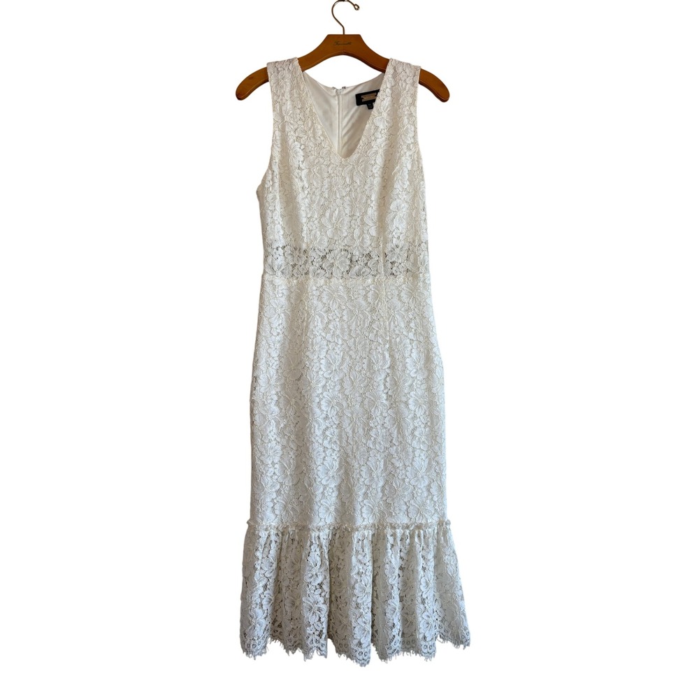 Alexa Admor White Crochet Lace V-Neck Sleeveless Ruffle Hem Sheath Midi Dress M